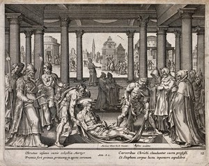 view The burial of Saint Stephen. Engraving by C. de Visscher after M. van Heemskerck.