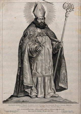 Saint Suitbertus (Swithbert). Engraving by C. Vischer, 1650, after P. Soutmann.
