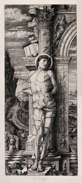 Martyrdom of Saint Sebastian. Etching by W. Unger after A. Mantegna.