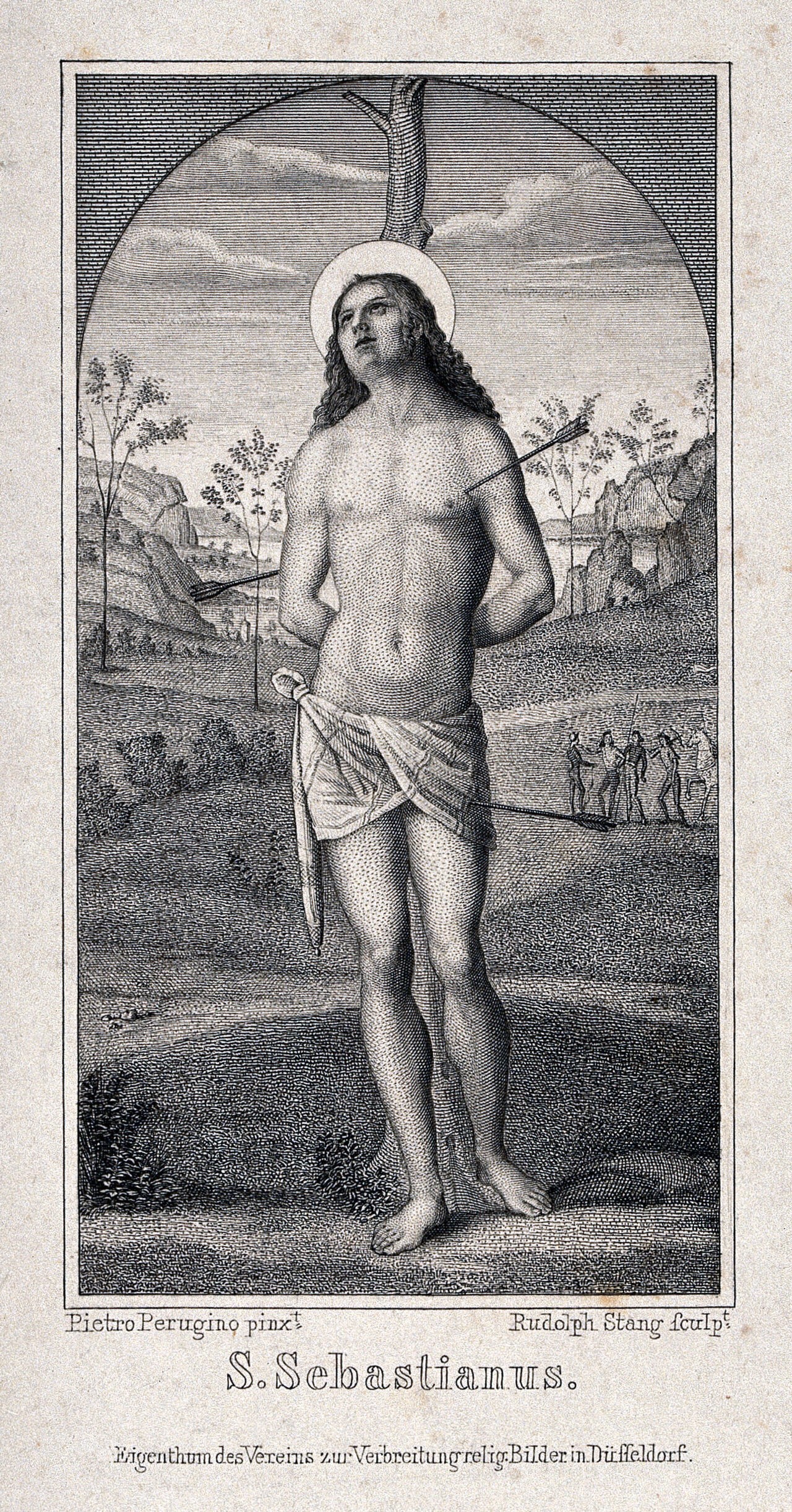 Martyrdom of Saint Sebastian. Engraving by R. Stang after P. Vannucci, il Perugino., 1800-1899, by Pietro Perugino