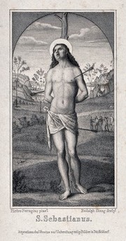 Martyrdom of Saint Sebastian. Engraving by R. Stang after P. Vannucci, il Perugino.