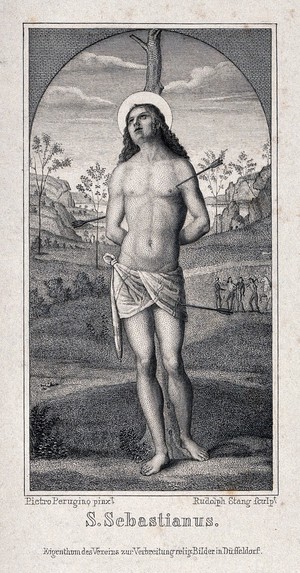 view Martyrdom of Saint Sebastian. Engraving by R. Stang after P. Vannucci, il Perugino.