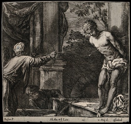 Martyrdom of Saint Sebastian. Etching by J. van Ossenbeck after N. van Hoje after Bassano.