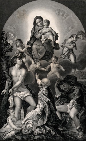 view Martyrdom of Saint Sebastian. Engraving by W. French after A. Allegri, il Correggio.