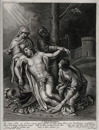Martyrdom of Saint Sebastian. Engraving by P. de Jode after P. van Lint.
