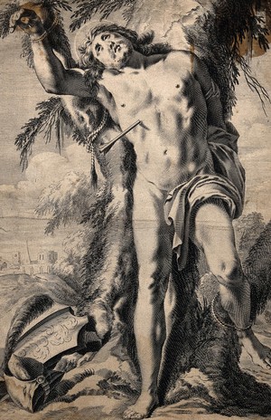 view Martyrdom of Saint Sebastian. Engraving after L. de La Hyre.