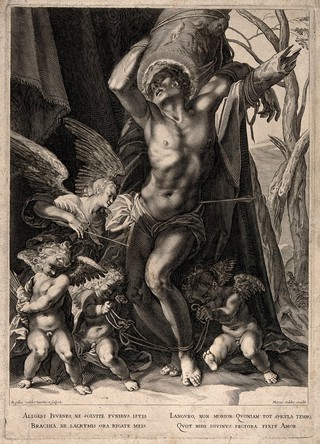 Martyrdom of Saint Sebastian. Engraving by A. Sadeler.