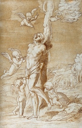 Martyrdom of Saint Sebastian. Colour etching with aquatint.