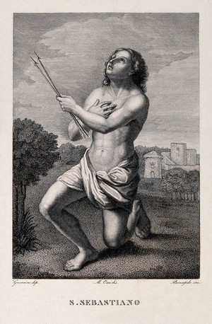 view Saint Sebastian. Engraving by G. Buonafede after M. Orsi after G.F. Barbieri, il Guercino.