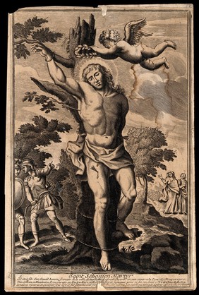 Martyrdom of Saint Sebastian. Engraving.