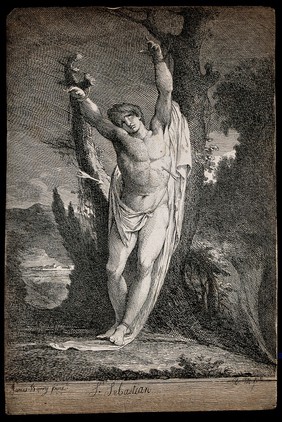 Martyrdom of Saint Sebastian. Etching by A.M. (?) after J. Barry.