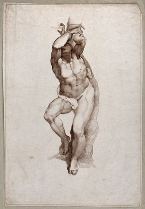 view Martyrdom of Saint Sebastian (?). Colour stipple engraving after J. van Scorel.