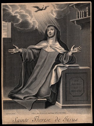 Saint Teresa of Avila: she kneels in her convent cell as the Holy Ghost shines on her. Line engraving after C. Lebrun.