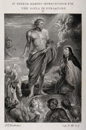 view Saint Teresa: she is encouraged by Christ to bring aid to Bernardino de Mendoza in purgatory by building a convent on land given to her by Bernardino. Engraving by C. Warren after Sir P.P. Rubens.