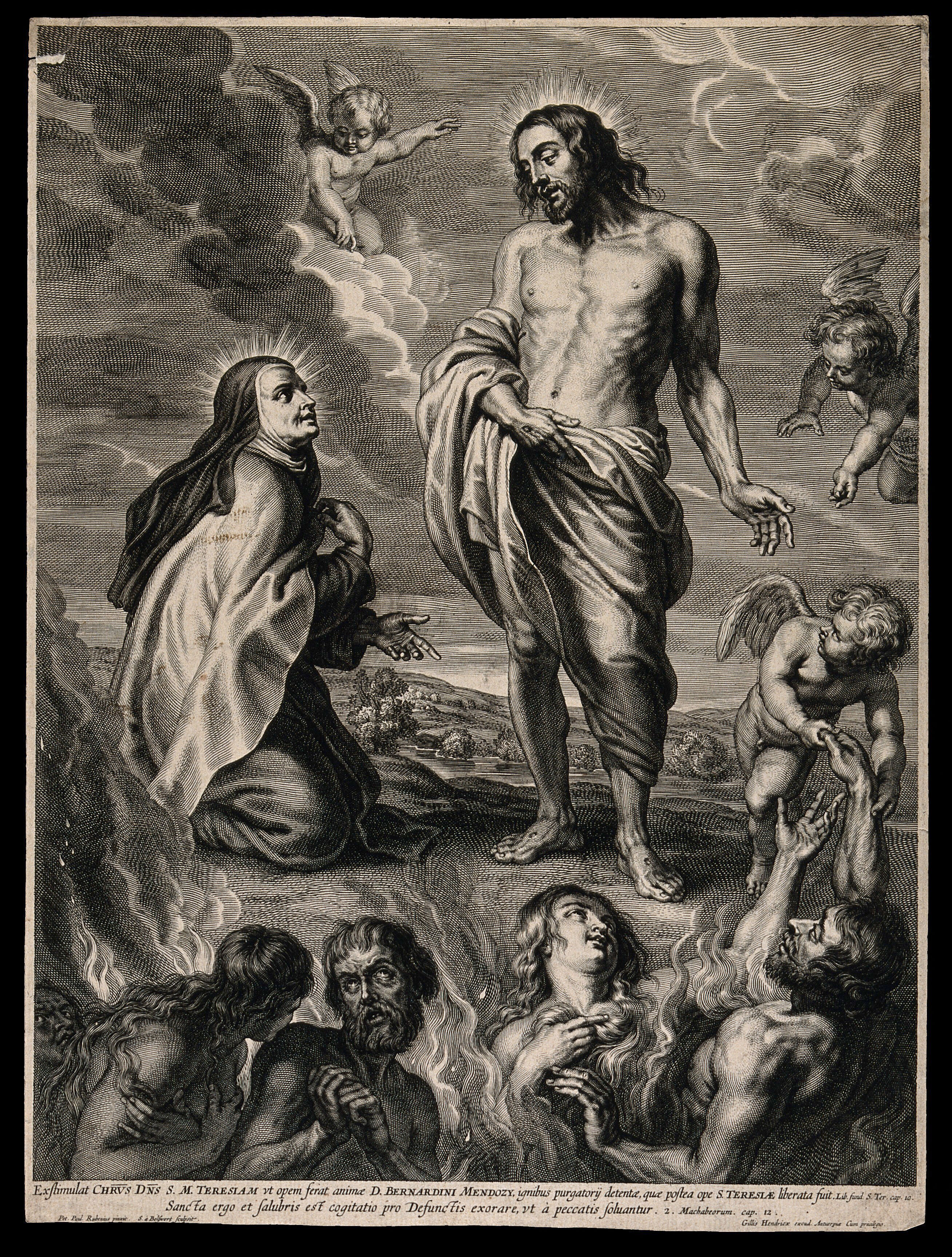 Christ Encouraging Saint Teresa To Bring Aid To Bernardino De Mendoza In Purgatory By Building A Convent On Land Given To Her By Bernardino Engraving By S A Bolswert After Sir P P Rubens