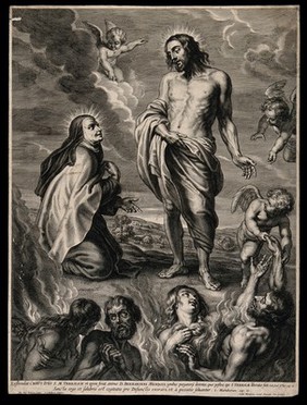 Saint Teresa: she is encouraged by Christ to bring aid to Bernardino de Mendoza in purgatory by building a convent on land given to her by Bernardino. Engraving by S. à Bolswert after Sir P.P. Rubens.