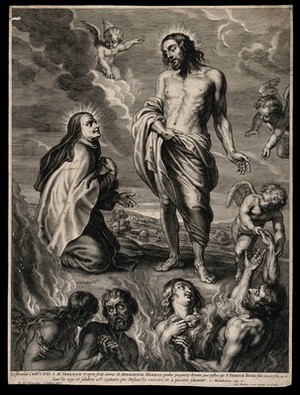 view Saint Teresa: she is encouraged by Christ to bring aid to Bernardino de Mendoza in purgatory by building a convent on land given to her by Bernardino. Engraving by S. à Bolswert after Sir P.P. Rubens.