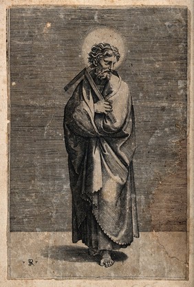 Saint Thomas. Line engraving by M. Dente (Marco da Ravenna) after Raphael.