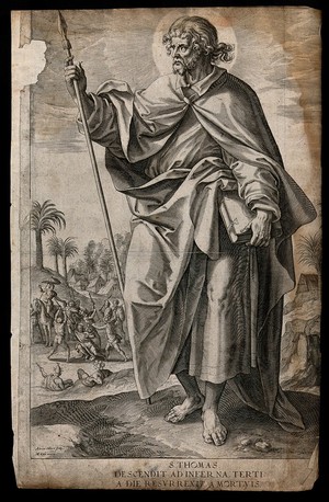 view Saint Thomas. Line engraving by A. Collaert after M. de Vos.