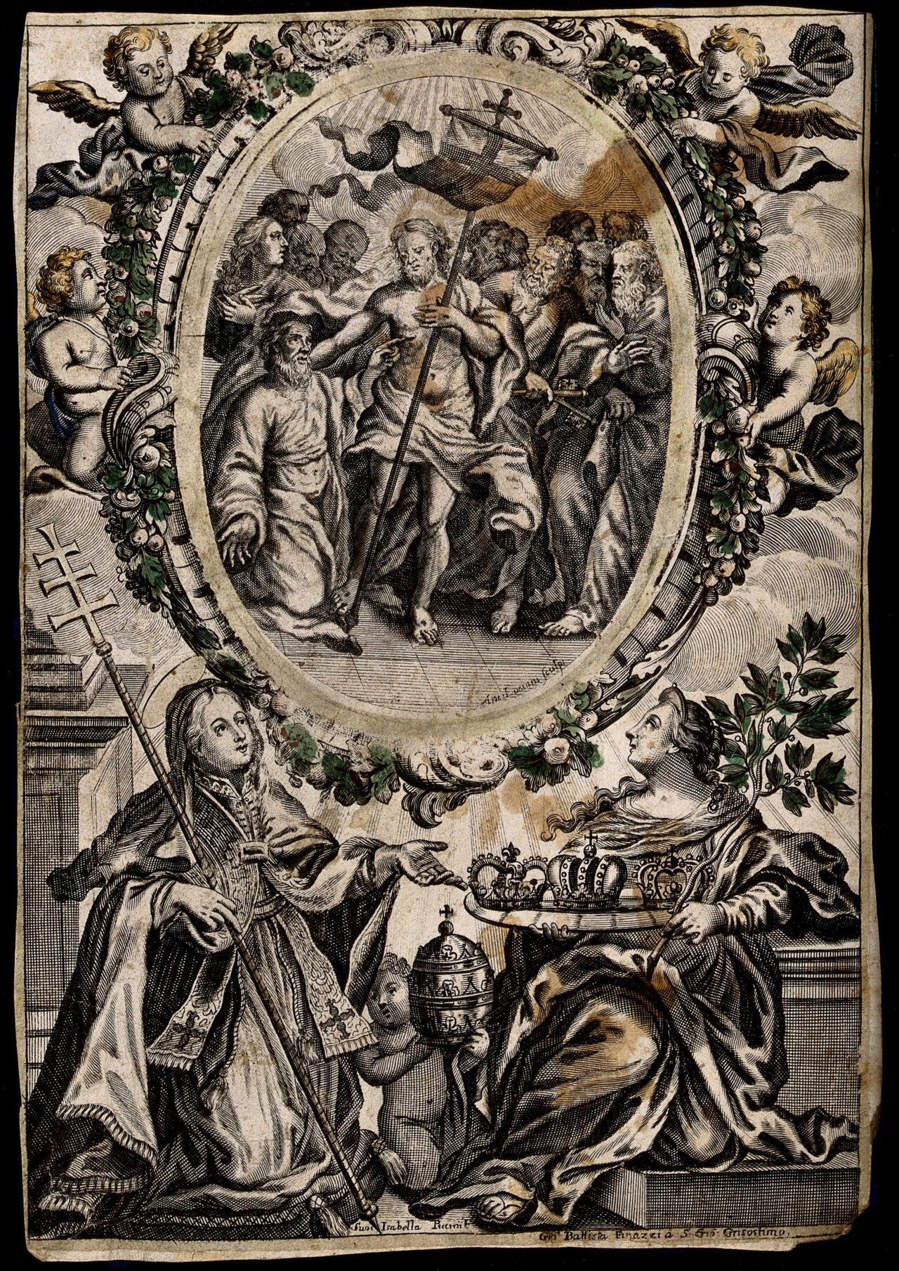 Saint Thomas. Coloured engraving by A. Luciani after Suor Isabella., by Isabella Piccini