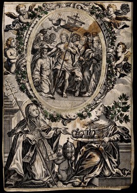 Saint Thomas. Coloured engraving by A. Luciani after Suor Isabella.