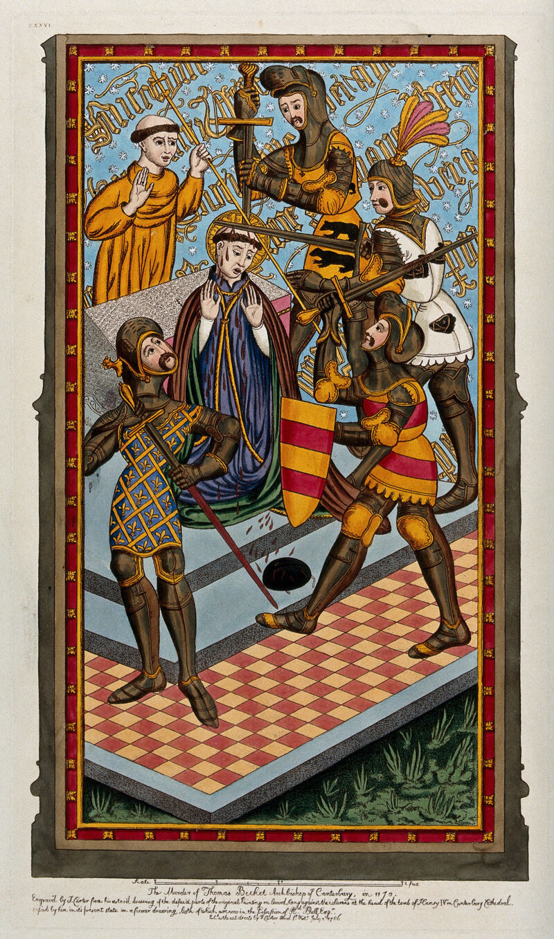 The martyrdom of Saint Thomas of Canterbury. Coloured etching by J. Carter, 1786., July 1t. 1786, by John Carter