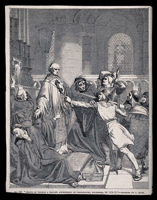 Martyrdom of Saint Thomas of Canterbury. Wood engraving after J. Cross.