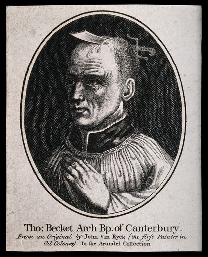 Saint Thomas of Canterbury with the knife as attribute of his matyrdom. Engraving after W. Hollar after a painting attributed to J. van Eyck.