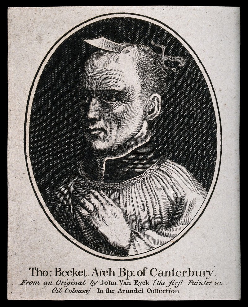 Saint Thomas of Canterbury with the knife as attribute of his matyrdom. Engraving after W. Hollar after a painting attributed to J. van Eyck., by Jan van Eyck