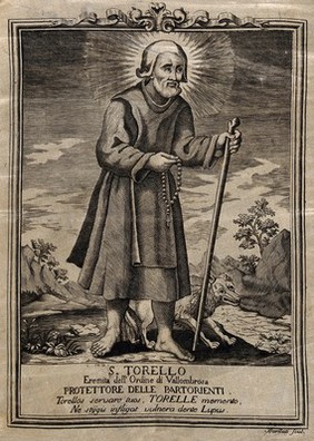 Saint Torello. Engraving on silk by Barilati.