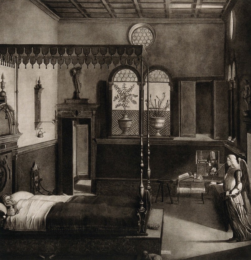 Saint Ursula: she learns in a dream of her forthcoming martyrdom. Photogravure after D. Anderson after V. Carpaccio., by Vittore Carpaccio