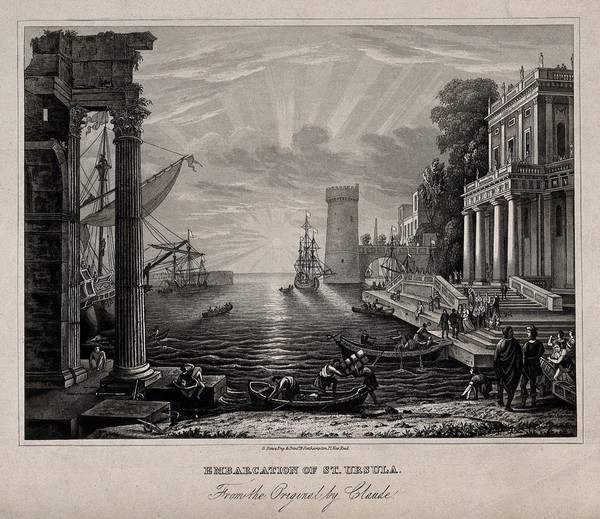 Saint Ursula embarking. Aquatint by G. Dawe after Claude, le Lorrain.