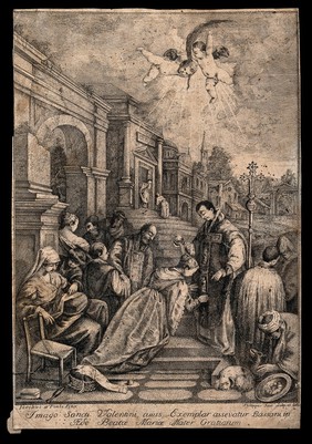 Saint Valentine baptising Saint Lucilla. Engraving by F. Ricci after J. Bassano.