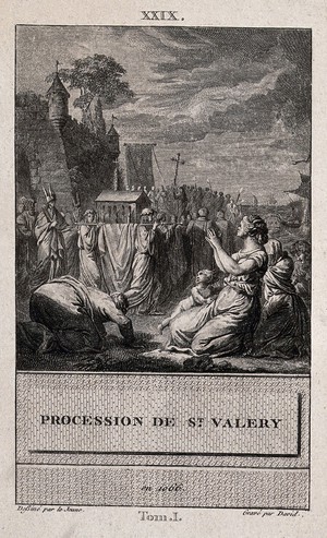 view The Normans hold a procession in honour of Saint Valery at Saint-Valéry sur Somme before the invasion of Britain in 1066. Engraving by F.A. David, 1784, after N. Lejeune.