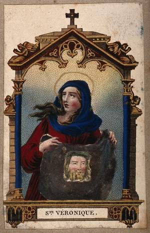 view Saint Veronica. Coloured engraving.