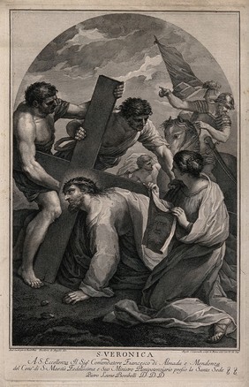 Saint Veronica: Christ falls under the weight of the Cross, Saint Veronica takes an impression of his face on a cloth. Engraving by A. Campanella, 1771, after D. de Angelis after A. Sacchi.