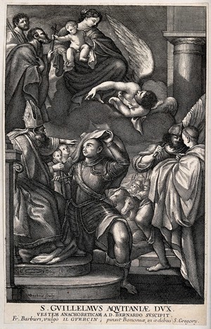 view Saint William of Aquitaine. Engraving by M. Desbois after G.F. Barbieri, il Guercino.