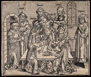 view Simon of Trent depicted as being killed and tortured by Jews. Woodcut by M. Wolgemut, ca. 1493.