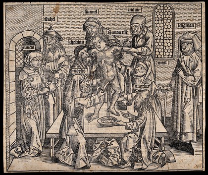 Simon of Trent depicted as being killed and tortured by Jews. Woodcut by M. Wolgemut, ca. 1493.