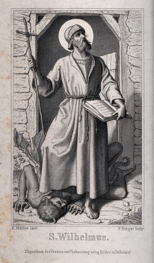 view Saint William of Bourges. Engraving by F. Dinger after A. Müller.