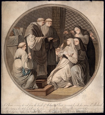 Abelard and Eloise confessing their love to his brother monks and her sister nuns. Coloured stipple engraving by Miss Martin after B. Pernotin.