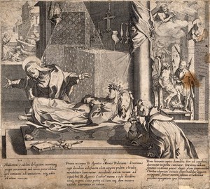 view The deceased Saint Agnes of Montepulciano raising her foot to be kissed by Saint Catherine of Siena with scenes behind of a martyrdom and a miracle. Engraving by P. de Jode after F. Vanni.