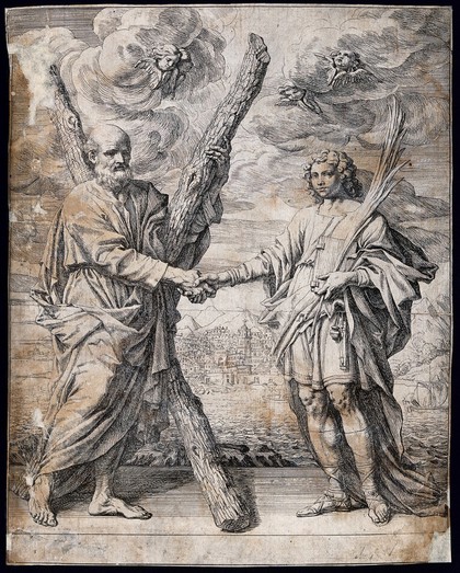 Saint Andrew the apostle shaking hands with Saint Fabian, and a city behind. Etching by G.B. Galestruzzi.