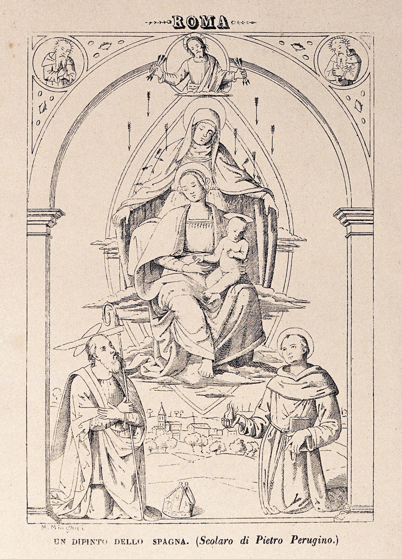 Saint Simon the Apostle and Saint Antony of Padua with Saint Mary (the Blessed Virgin) and the Christ Child with Saint Anne and God the Father. Lithograph after H. Minghni after Lo Spagna., by Lo Spagna