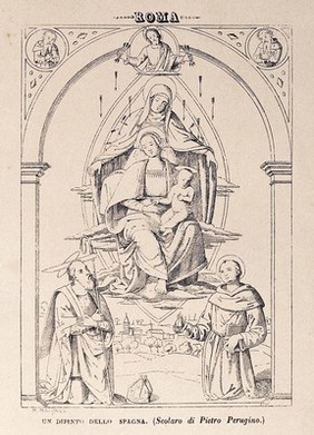 Saint Simon the Apostle and Saint Antony of Padua with Saint Mary (the Blessed Virgin) and the Christ Child with Saint Anne and God the Father. Lithograph after H. Minghni after Lo Spagna.