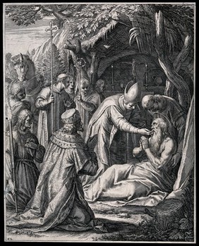 The death of Saint Gunther von Niederalteich: he receives the eucharist from Šebíř (Severus) bishop of Prague. Engraving by R. Sadeler.