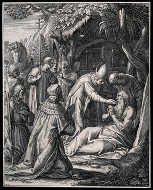 view The death of Saint Gunther von Niederalteich: he receives the eucharist from Šebíř (Severus) bishop of Prague. Engraving by R. Sadeler.