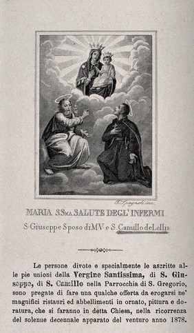 Saint Mary (the Blessed Virgin) and the Christ Child with Saint Camillus de Lellis and Saint Joseph. Engraving by F. Spagnoli.