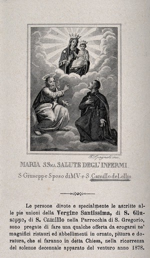 view Saint Mary (the Blessed Virgin) and the Christ Child with Saint Camillus de Lellis and Saint Joseph. Engraving by F. Spagnoli.