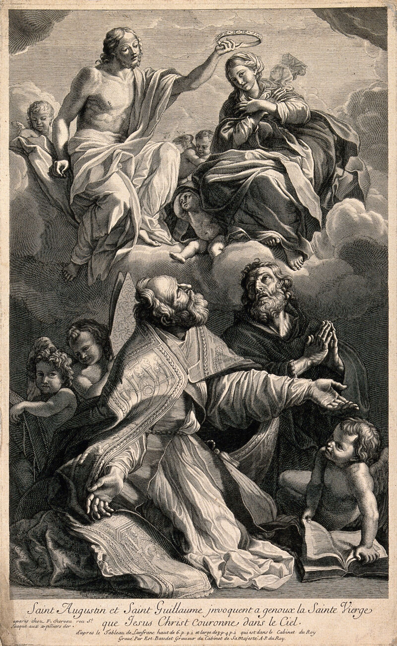 Saint Augustine of Hippo with Saint William of Aquitaine, and Christ crowning Saint Mary (the Blessed Virgin). Engraving by E. Baudet after G. Lanfranco., [between 1700 and 1799], by Giovanni Lanfranco